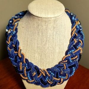 Multi-strand Blue Seed Bead Statement Necklace 20"